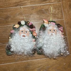 Two Large Victorian Santa Head Ornaments, Hanging, Pink Fruit Wreaths